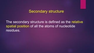 Secondary structure
The secondary structure is defined as the relative
spatial position of all the atoms of nucleotide
residues.
 
