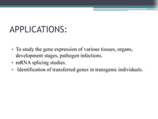 APPLICATIONS:
• To study the gene expression of various tissues, organs,
development stages, pathogen infections.
• mRNA splicing studies.
• Identification of transferred genes in transgenic individuals.
 