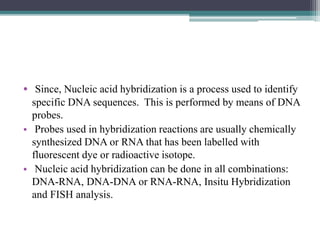 • Since, Nucleic acid hybridization is a process used to identify
specific DNA sequences. This is performed by means of DNA
probes.
• Probes used in hybridization reactions are usually chemically
synthesized DNA or RNA that has been labelled with
fluorescent dye or radioactive isotope.
• Nucleic acid hybridization can be done in all combinations:
DNA-RNA, DNA-DNA or RNA-RNA, Insitu Hybridization
and FISH analysis.
 