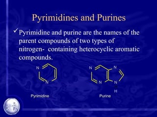 Pyrimidines and Purines
Pyrimidine and purine are the names of the
parent compounds of two types of
nitrogen- containing heterocyclic aromatic
compounds.
N
N N
N
N
N
H
Pyrimidine Purine
 