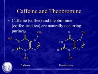 Caffeine and Theobromine
• Caffeine (coffee) and theobromine
(coffee and tea) are naturally occurring
purines.
Caffeine
N
N
O
N
N
H3C
O
CH3
CH3
Theobromine
O
HN
N
N
N
CH3
CH3
O
 