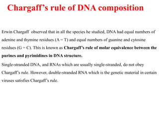 Chargaff’s rule of DNA composition
Erwin Chargaff observed that in all the species he studied, DNA had equal numbers of
adenine and thymine residues (A = T) and equal numbers of guanine and cytosine
residues (G = C). This is known as Chargaff’s rule of molar equivalence between the
purines and pyrimidines in DNA structure.
Single-stranded DNA, and RNAs which are usually single-stranded, do not obey
Chargaff’s rule. However, double-stranded RNA which is the genetic material in certain
viruses satisfies Chargaff’s rule.
 