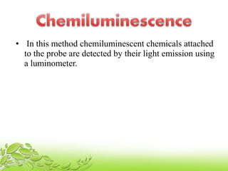 • In this method chemiluminescent chemicals attached
to the probe are detected by their light emission using
a luminometer.
• luminometer.
 