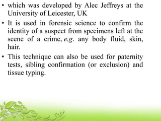 • which was developed by Alec Jeffreys at the
University of Leicester, UK
• It is used in forensic science to confirm the
identity of a suspect from specimens left at the
scene of a crime, e.g. any body fluid, skin,
hair.
• This technique can also be used for paternity
tests, sibling confirmation (or exclusion) and
tissue typing.
 