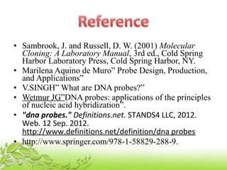 • Sambrook, J. and Russell, D. W. (2001) Molecular
Cloning: A Laboratory Manual, 3rd ed., Cold Spring
Harbor Laboratory Press, Cold Spring Harbor, NY.
• Marilena Aquino de Muro” Probe Design, Production,
and Applications”
• V.SINGH” What are DNA probes?”
• Wetmur JG”DNA probes: applications of the principles
of nucleic acid hybridization”.
• "dna probes." Definitions.net. STANDS4 LLC, 2012. 
Web. 12 Sep. 2012. 
http://www.definitions.net/definition/dna probes
• http://www.springer.com/978-1-58829-288-9.
 