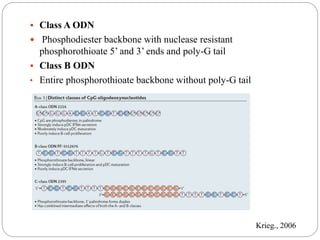  Class A ODN
 Phosphodiester backbone with nuclease resistant
phosphorothioate 5’ and 3’ ends and poly-G tail
 Class B ODN
• Entire phosphorothioate backbone without poly-G tail
Krieg., 2006
 