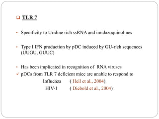  TLR 7
• Specificity to Uridine rich ssRNA and imidazoquinolines
• Type I IFN production by pDC induced by GU-rich sequences
(UUGU, GUUC)
• Has been implicated in recognition of RNA viruses
 pDCs from TLR 7 deficient mice are unable to respond to
Influenza ( Heil et al., 2004)
HIV-1 ( Diebold et al., 2004)
 