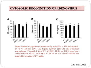 Innate immune recognition of adenovirus by non-pDCs is TLR independent.
(A to C) Splenic cDCs (A), hepatic Kupffer cells (B), and peritoneal
macrophages (C) purified from WT, MyD88/, TRIF/, or TLR9/ mice were
stimulated with Ad-lacZ at an MOI of 250 for 18 h at 2.5x105 cells/ml and
assayed for secretion of IFN-alpha.
Zhu et al.,2007
CYTOSOLIC RECOGNITION OF ADENOVIRUS
 