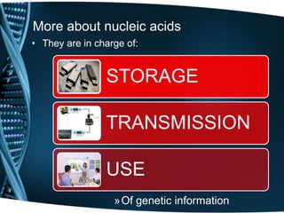 More about nucleic acids
• They are in charge of:

STORAGE

TRANSMISSION
USE
»Of genetic information

 
