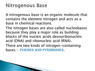 A nitrogenous base is an organic molecule that
contains the element nitrogen and acts as a
base in chemical reactions.
The nitrogen bases are also called nucleobases
because they play a major role as building
blocks of the nucleic acids deoxyribonucleic
acid (DNA) and ribonucleic acid (RNA).
There are two kinds of nitrogen-containing
bases - purines and pyrimidines.
 