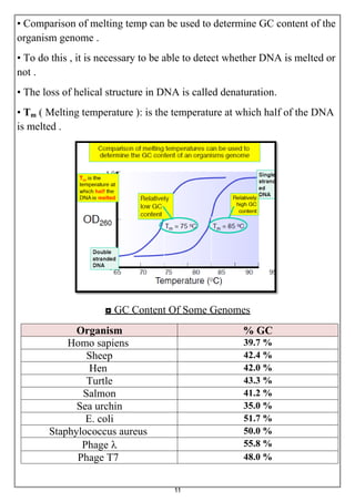 11
• Comparison of melting temp can be used to determine GC content of the
organism genome .
• To do this , it is necessary to be able to detect whether DNA is melted or
not .
• The loss of helical structure in DNA is called denaturation.
• Tm ( Melting temperature ): is the temperature at which half of the DNA
is melted .
◘ GC Content Of Some Genomes
% GCOrganism
39.7 %Homo sapiens
42.4 %Sheep
42.0 %Hen
43.3 %Turtle
41.2 %Salmon
35.0 %Sea urchin
51.7 %E. coli
50.0 %Staphylococcus aureus
55.8 %Phage 
48.0 %Phage T7
 