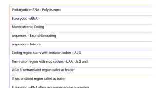 Prokaryotic mRNA – Polycistronic
Eukaryotic mRNA –
Monocistronic Coding
sequences – Exons Noncoding
sequences – Introns
Coding region starts with initiator codon – AUG
Terminator region with stop codons –UAA, UAG and
UGA 5’ untranslated region called as leader
3’ untranslated region called as trailer
 