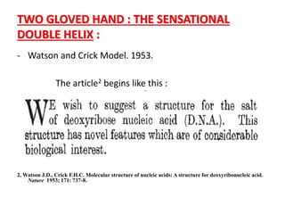 TWO GLOVED HAND : THE SENSATIONAL
DOUBLE HELIX :
- Watson and Crick Model. 1953.
The article2 begins like this :
2. Watson J.D., Crick F.H.C. Molecular structure of nucleic acids: A structure for deoxyribonucleic acid.
Nature 1953; 171: 737-8.
 