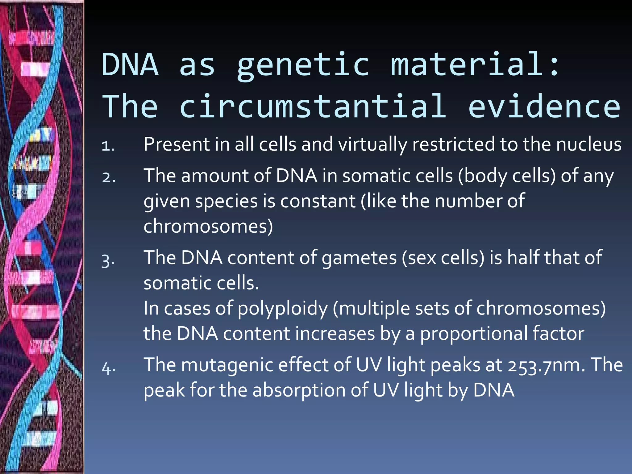 DNA as genetic material:
The circumstantial evidence
1.   Present in all cells and virtually restricted to the nucleus
2.   The amount of DNA in somatic cells (body cells) of any
     given species is constant (like the number of
     chromosomes)
3.   The DNA content of gametes (sex cells) is half that of
     somatic cells.
     In cases of polyploidy (multiple sets of chromosomes)
     the DNA content increases by a proportional factor
4.   The mutagenic effect of UV light peaks at 253.7nm. The
     peak for the absorption of UV light by DNA
 