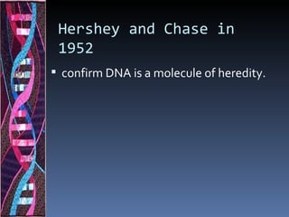 Hershey and Chase in
 1952
 confirm DNA is a molecule of heredity.
 