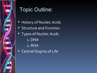 Topic Outline:

 History of Nucleic Acids
 Structure and Function
 Types of Nucleic Acids
    1. DNA
    2. RNA
 Central Dogma of Life
 