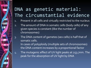 DNA as genetic material:
The circumstantial evidence
1.   Present in all cells and virtually restricted to the nucleus
2.   The amount of DNA in somatic cells (body cells) of any
     given species is constant (like the number of
     chromosomes)
3.   The DNA content of gametes (sex cells) is half that of
     somatic cells.
     In cases of polyploidy (multiple sets of chromosomes)
     the DNA content increases by a proportional factor
4.   The mutagenic effect of UV light peaks at 253.7nm. The
     peak for the absorption of UV light by DNA
 