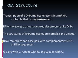 RNA Structure

Transcription of a DNA molecule results in a mRNA
      molecule that is single-stranded.

RNA molecules do not have a regular structure like DNA.

The structures of RNA molecules are complex and unique.

RNA molecules can base pair with complementary DNA
     or RNA sequences.

G pairs with C, A pairs with U, and G pairs with U.
 
