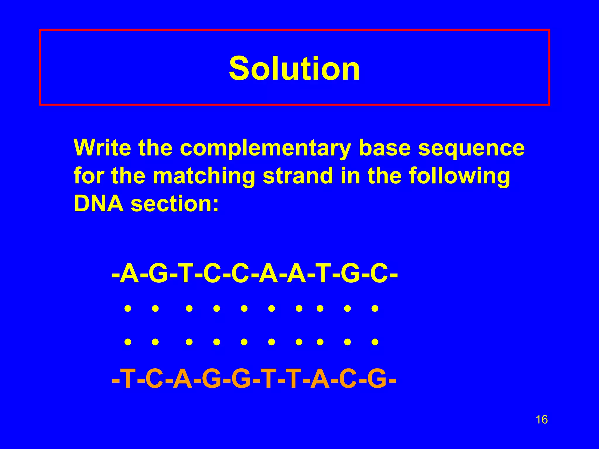 16
Solution
Write the complementary base sequence
for the matching strand in the following
DNA section:
-A-G-T-C-C-A-A-T-G-C-
• • • • • • • • • •
• • • • • • • • • •
-T-C-A-G-G-T-T-A-C-G-
 