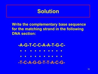 16
Solution
Write the complementary base sequence
for the matching strand in the following
DNA section:
-A-G-T-C-C-A-A-T-G-C-
• • • • • • • • • •
• • • • • • • • • •
-T-C-A-G-G-T-T-A-C-G-
 