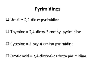 Pyrimidines
 Uracil = 2,4-dioxy pyrimidine
 Thymine = 2,4-dioxy-5-methyl pyrimidine
 Cytosine = 2-oxy-4-amino pyrimidine
 Orotic acid = 2,4-dioxy-6-carboxy pyrimidine
 