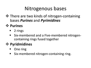 Nitrogenous bases
 There are two kinds of nitrogen-containing
bases Purines and Pyrimidines
 Purines
 2 rings
 Six-membered and a Five-membered nitrogen-
containing rings fused together
 Pyridmidines
 One ring
 Six-membered nitrogen-containing ring.
 