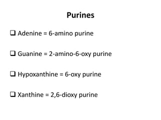 Purines
 Adenine = 6-amino purine
 Guanine = 2-amino-6-oxy purine
 Hypoxanthine = 6-oxy purine
 Xanthine = 2,6-dioxy purine
 