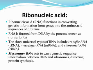 Ribonucleic acid:
 Ribonucleic acid (RNA) functions in converting
genetic information from genes into the amino acid
sequences of proteins
 RNA is formed from DNA by the process known as
transcription
 The three universal types of RNA include transfer RNA
(tRNA), messenger RNA (mRNA), and ribosomal RNA
(rRNA).
 Messenger RNA acts to carry genetic sequence
information between DNA and ribosomes, directing
protein synthesis.
 