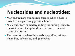 Nucleosides and nucleotides:
 Nucleosides are compounds formed when a base is
linked to a sugar via a glycosidic bond.
 Nucleosides are named by adding the ending –idine to
the root name of a pyrimidine or -osine to the root
name of a purine.
 The common nucleosides are thus cytidine, uridine,
thymidine, adenosine, and guanosine.
 