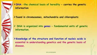 DNA -the chemical basis of heredity - carries the genetic
information
found in chromosomes, mitochondria and chloroplast...