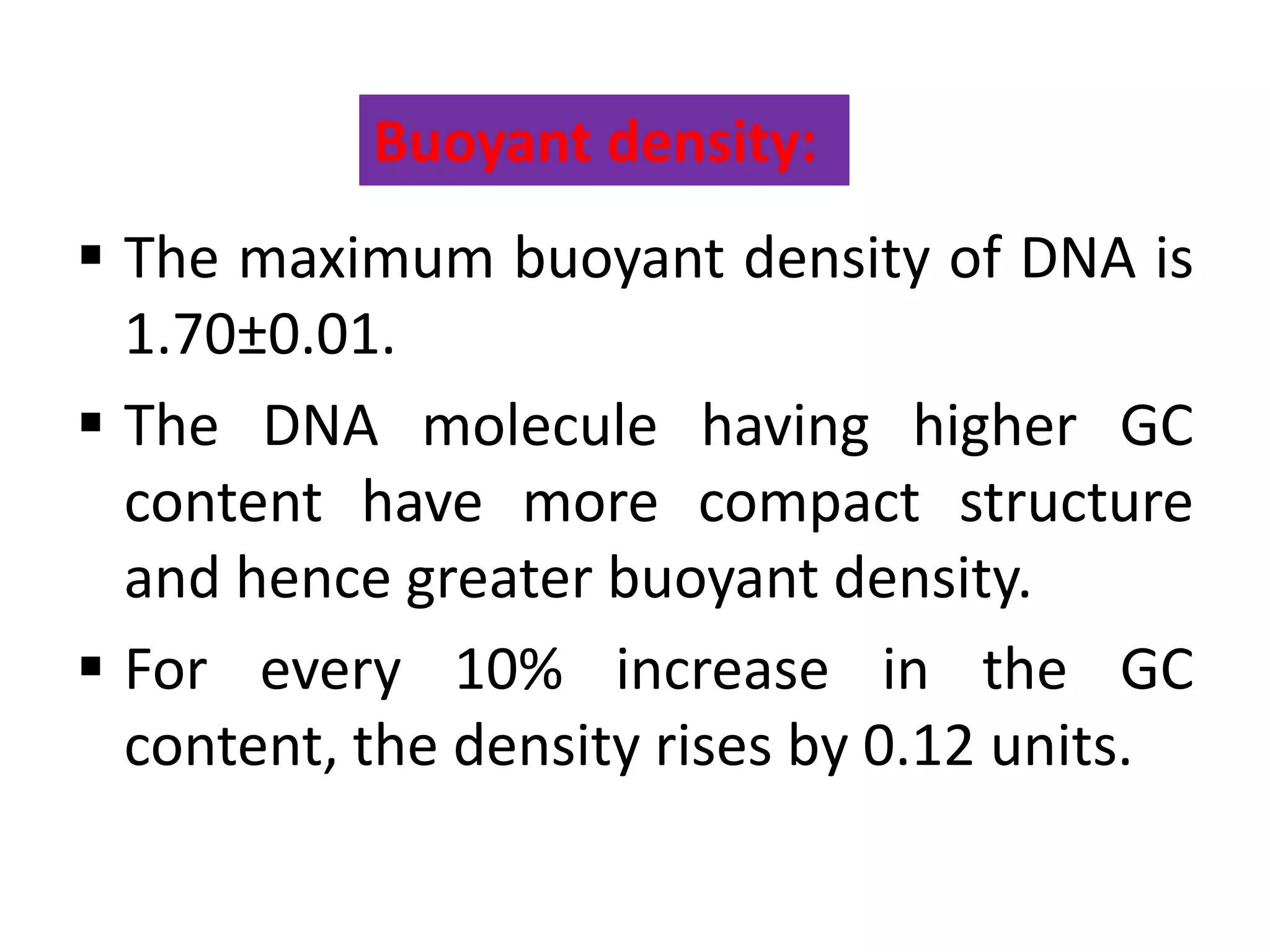  The maximum buoyant density of DNA is
1.70±0.01.
 The DNA molecule having higher GC
content have more compact structure
and hence greater buoyant density.
 For every 10% increase in the GC
content, the density rises by 0.12 units.
Buoyant density:
 