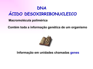 DNA
ÁCIDO DESOXIRRIBONUCLEICO
Macromolécula polimérica

Contém toda a informação genética de um organismo




     Informação em unidades chamadas genes
 