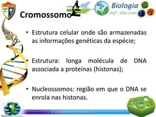 Cromossomo
 • Estrutura celular onde são armazenadas
   as informações genéticas da espécie;

 • Estrutura: longa molécula de DNA
   associada a proteínas (histonas);

 • Nucleossomos: região em que o DNA se
   enrola nas histonas.
 