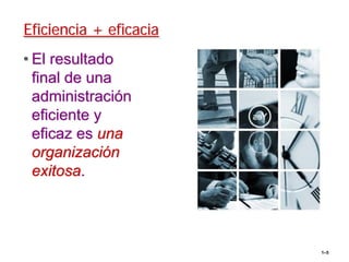 Eficiencia + eficacia
• El resultado
  final de una
  administración
  eficiente y
  eficaz es una
  organización
  exitosa.




                        1–5
 