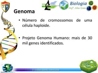 Genoma
 • Número de cromossomos de uma
   célula haploide.

 • Projeto Genoma Humano: mais de 30
   mil genes identificados.
 