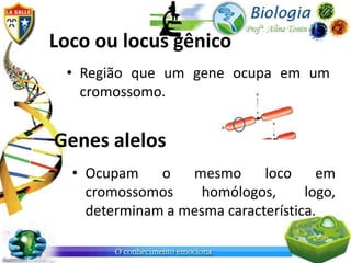 Loco ou locus gênico
 • Região que um gene ocupa em um
   cromossomo.


Genes alelos
  • Ocupam    o   mesmo      loco     em
    cromossomos     homólogos,      logo,
    determinam a mesma característica.
 