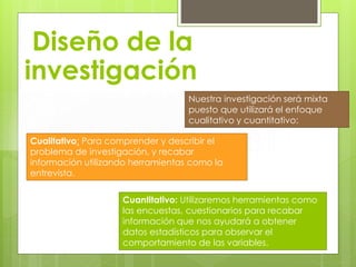 Diseño de la
investigación
Nuestra investigación será mixta
puesto que utilizará el enfoque
cualitativo y cuantitativo:

Cualitativo: Para comprender y describir el
problema de investigación, y recabar
información utilizando herramientas como la
entrevista.
Cuantitativo: Utilizaremos herramientas como
las encuestas, cuestionarios para recabar
información que nos ayudará a obtener
datos estadísticos para observar el
comportamiento de las variables.

 