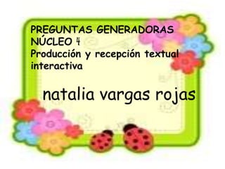 PREGUNTAS GENERADORAS
NÚCLEO 4
Producción y recepción textual
interactiva
natalia vargas rojas
 