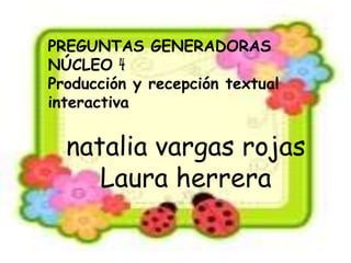 PREGUNTAS GENERADORAS
NÚCLEO 4
Producción y recepción textual
interactiva
natalia vargas rojas
Laura herrera
 