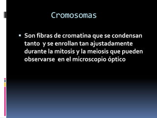 Cromosomas 	Son fibras de cromatina que se condensan tanto  y se enrollan tan ajustadamente durante la mitosis y la meiosis que pueden observarse  en el microscopio óptico  