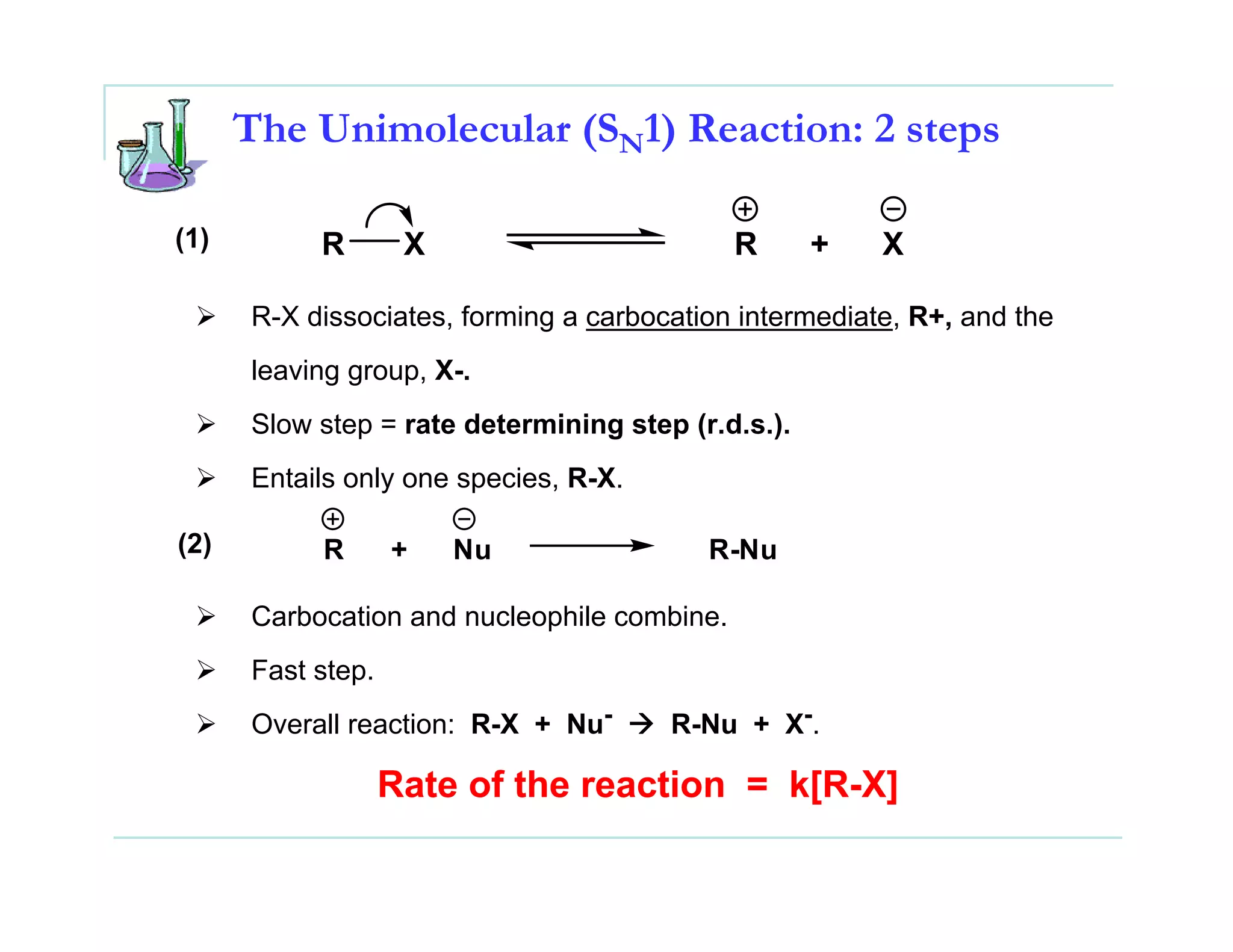 The Unimolecular (SN1) Reaction: 2 steps

(1)        R        X                        R      +   X

      R-X dissociates, forming a carbocation intermediate, R+, and the
      leaving group, X-.
      Slow step = rate determining step (r.d.s.).
      Entails only one species, R-X.

(2)        R       +    Nu                R-Nu

      Carbocation and nucleophile combine.
      Fast step.
      Overall reaction: R-X + Nu-      R-Nu + X-.

                   Rate of the reaction = k[R-X]
 