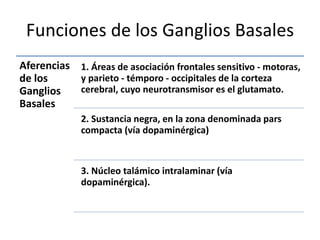 Funciones de los Ganglios Basales
Aferencias
de los
Ganglios
Basales
1. Áreas de asociación frontales sensitivo - motoras,
y parieto - témporo - occipitales de la corteza
cerebral, cuyo neurotransmisor es el glutamato.
2. Sustancia negra, en la zona denominada pars
compacta (vía dopaminérgica)
3. Núcleo talámico intralaminar (vía
dopaminérgica).
 