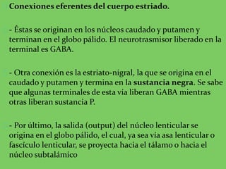 Conexiones eferentes del cuerpo estriado.
- Éstas se originan en los núcleos caudado y putamen y
terminan en el globo pálido. El neurotrasmisor liberado en la
terminal es GABA.
- Otra conexión es la estriato-nigral, la que se origina en el
caudado y putamen y termina en la sustancia negra. Se sabe
que algunas terminales de esta vía liberan GABA mientras
otras liberan sustancia P.
- Por último, la salida (output) del núcleo lenticular se
origina en el globo pálido, el cual, ya sea vía asa lenticular o
fascículo lenticular, se proyecta hacia el tálamo o hacia el
núcleo subtalámico
 