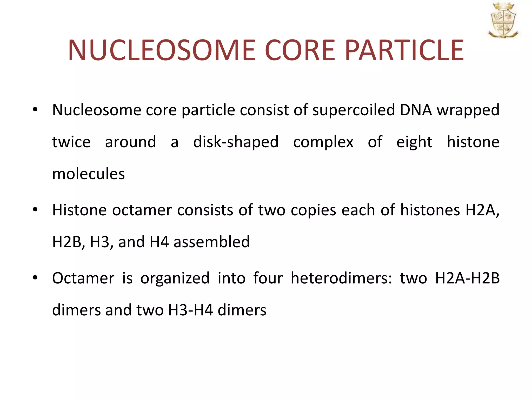 NUCLEOSOME CORE PARTICLE
• Nucleosome core particle consist of supercoiled DNA wrapped
twice around a disk-shaped complex of eight histone
molecules
• Histone octamer consists of two copies each of histones H2A,
H2B, H3, and H4 assembled
• Octamer is organized into four heterodimers: two H2A-H2B
dimers and two H3-H4 dimers
 