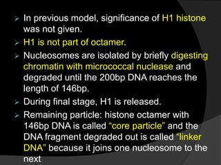  In previous model, significance of H1 histone
was not given.
 H1 is not part of octamer.
 Nucleosomes are isolated by briefly digesting
chromatin with micrococcal nuclease and
degraded until the 200bp DNA reaches the
length of 146bp.
 During final stage, H1 is released.
 Remaining particle: histone octamer with
146bp DNA is called “core particle” and the
DNA fragment degraded out is called “linker
DNA” because it joins one nucleosome to the
next
 
