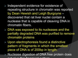  Independent evidence for existence of
repeating structure in chromatin was reported
by Dean Hewish and Leigh Burgoyne –
discovered that rat liver nuclei contain a
nuclease that is capable of cleaving DNA in
chromatin fibers.
 DNA was exposed to its nucleases and the
partially degraded DNA was purified to remove
chromatin proteins
 Upon electrophoresis found a distinctive
pattern of fragments in which the smallest
piece of DNA is of 200bp in length.
 Nuclease digestion of DNA free protein does
 