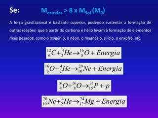 Se: Mestrelas > 8 x MSol (M0) 
A força gravitacional é bastante superior, podendo sustentar a formação de 
outras reações que a partir do carbono e hélio levam à formação de elementos 
mais pesados, como o oxigénio, o néon, o magnésio, silício, o enxofre, etc. 
C He O  Energia 16 
8 
4 
2 
12 
6 
O He Ne  Energia 20 
10 
4 
2 
16 
8 
O O P  p 31 
15 
16 
8 
16 
8 
Ne He Mg  Energia 24 
12 
4 
2 
20 
10 
 
