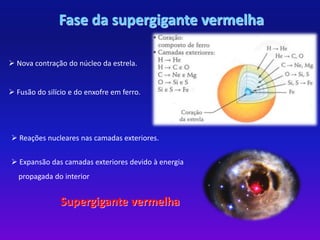 Fase da supergigante vermelha 
 Nova contração do núcleo da estrela. 
 Fusão do silício e do enxofre em ferro. 
 Reações nucleares nas camadas exteriores. 
 Expansão das camadas exteriores devido à energia 
propagada do interior 
Supergigante vermelha 
 