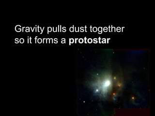 Gravity pulls dust together
so it forms a protostar
 