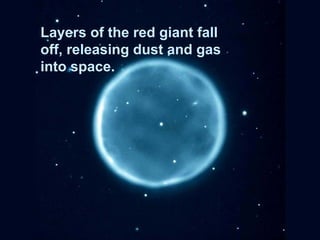 Layers of the red giant fall off, releasing dust and gas into space. 